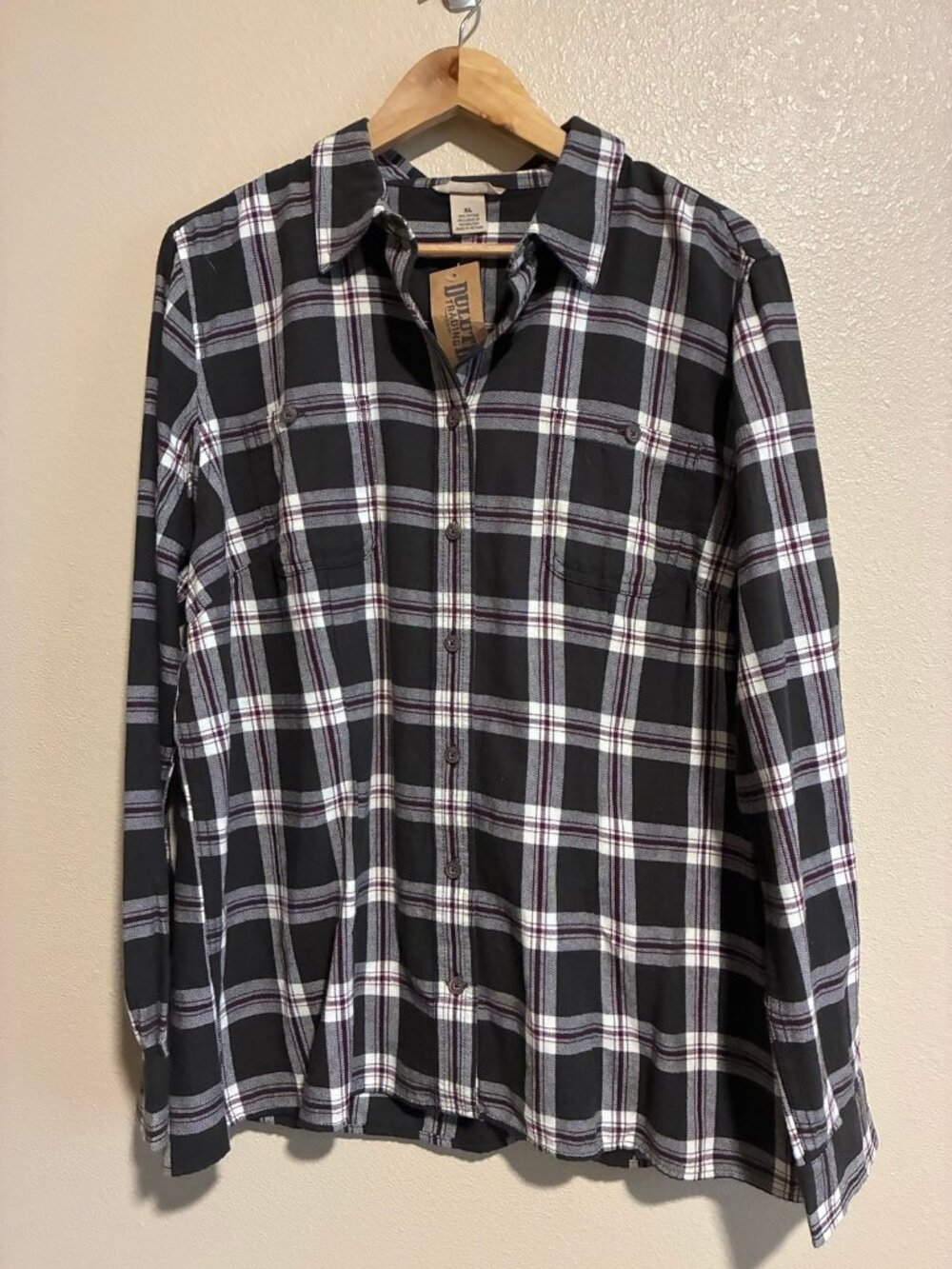 NWT Duluth Trading Co Women's Brown and Purple Plaid Button Up Shirt Size XL